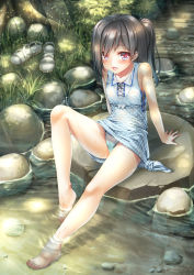 Rule 34 | 1girl, aqua panties, bare arms, bare legs, bare shoulders, barefoot, black hair, blush, borrowed character, dress, ecou, feet, flat chest, full body, grass, hair over one eye, highres, knee up, light particles, light rays, long hair, looking at viewer, md5 mismatch, nature, open mouth, original, outdoors, panties, pantyshot, plant, polka dot, polka dot dress, ponytail, red eyes, river, rock, sandals, unworn sandals, see-through, shizuku (kantoku), shoes, unworn shoes, short dress, sitting, sitting on rock, sleeveless, sleeveless dress, smile, soaking feet, solo, stream, sunbeam, sundress, sunlight, sweat, toes, underwear, water, wet, wet clothes, wet panties