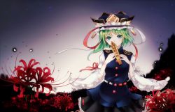 Rule 34 | 1girl, asymmetrical hair, flower, gradient background, green eyes, green hair, hat, hat ribbon, heib, long sleeves, looking at viewer, matching hair/eyes, puffy sleeves, ribbon, rod of remorse, shiki eiki, shirt, short hair, skirt, solo, spider lily, touhou, upper body, vest, wide sleeves
