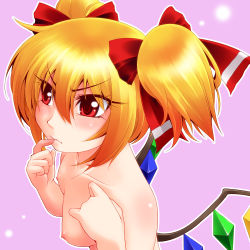 Rule 34 | 1girl, alternate hairstyle, bad id, bad pixiv id, blonde hair, bow, breasts, collarbone, embodiment of scarlet devil, female focus, finger to mouth, flandre scarlet, hair bow, hayashi custom, nipples, nude, short hair, short twintails, simple background, small breasts, solo, touhou, twintails, upper body, wings