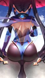 Rule 34 | 1girl, ass, ass focus, backboob, black hair, blue sky, breasts, cape, detached sleeves, elbow gloves, from behind, genshin impact, gloves, hair ornament, hair ribbon, hat, highres, huge ass, hydro (genshin impact), leotard, long hair, looking away, mona (genshin impact), pantyhose, ribbon, shiny clothes, sitting, sky, solo, statue, twintails, uenoryoma, very long hair