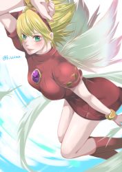 Rule 34 | 1girl, absurdres, angel wings, blonde hair, boots, bracelet, breasts, breath of fire, breath of fire iii, closed mouth, commentary request, dress, green eyes, hairband, highres, jewelry, knee boots, looking at viewer, medium breasts, nina (breath of fire iii), puffy sleeves, short hair, smile, solo, wings