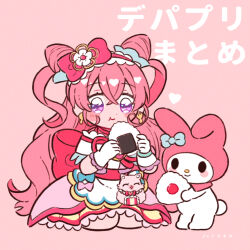 Rule 34 | 1girl, apron, commentary request, cone hair bun, cure precious, delicious party precure, earrings, food, gloves, hair bun, jewelry, kiocotton, kome-kome (precure), long hair, magical girl, my melody, nagomi yui, onegai my melody, onigiri, pink background, pink hair, precure, purple eyes, sanrio, sitting, smile, solo, white gloves