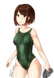 Rule 34 | 1girl, brown eyes, brown hair, competition swimsuit, cowboy shot, dated, diving mask, diving mask removed, goggles, green one-piece swimsuit, highres, hyuuga (kancolle), kantai collection, looking at viewer, minase (takaoka nanase), one-piece swimsuit, short hair, simple background, solo, swimsuit, twitter username, white background