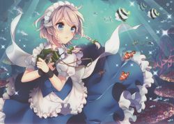 Rule 34 | 1girl, absurdres, air bubble, apron, blue eyes, blue skirt, blue vest, blush, bow, bowtie, braid, bubble, clownfish, cowboy shot, fish, frills, green bow, green bowtie, hair bow, hair ornament, highres, huge filesize, izayoi sakuya, maid, maid apron, maid headdress, masaru.jp, open mouth, petticoat, pocket watch, puffy short sleeves, puffy sleeves, ribbon, scan, shirt, short hair, short sleeves, silver hair, skirt, skirt set, solo, sparkle, touhou, twin braids, twitter username, underwater, vest, waist apron, watch, white apron, wristband