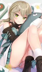 Rule 34 | 1girl, ass, bare shoulders, black sweater, boots, breasts, brown hair, cleavage, cleavage cutout, closed mouth, clothing cutout, commentary, dress, frilled skirt, frills, furrowed brow, green dress, green eyes, hair between eyes, hair ornament, hairclip, highres, honkai: star rail, honkai (series), knees up, komone ushio, layered clothes, long hair, long sleeves, looking at viewer, low twintails, mahjong, mahjong tile, medium breasts, qingque (honkai: star rail), shoulder cutout, sitting, skirt, smile, socks, solo, stuffed animal, stuffed fish, stuffed toy, sweater, twintails, white socks