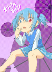 Rule 34 | 1girl, alternate hairstyle, bare legs, barefoot, blue dress, blue eyes, blue hair, dress, english text, full body, hair ornament, hand on own face, haragon, heterochromia, karakasa obake, looking at viewer, matching hair/eyes, no shoes, no socks, open mouth, parasol, pink background, red eyes, short twintails, sidelocks, sitting, skirt, smile, solo, tatara kogasa, touhou, twintails, umbrella
