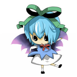 Rule 34 | 1girl, bad id, bad pixiv id, black eyes, blue hair, chibi, cirno, dress, female focus, full body, hair between eyes, lowres, mari oil, shoot the bullet, simple background, solo, touhou, white background