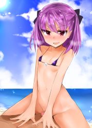 Rule 34 | 1girl, absurdres, bare shoulders, beach, bikini, bikini top only, blush, bottomless, breasts, censored, cloud, collarbone, day, fate/grand order, fate (series), girl on top, hair between eyes, helena blavatsky (fate), highres, looking at viewer, micro bikini, micro bikini top, mosaic censoring, muoto, navel, open mouth, outdoors, penis, purple eyes, purple hair, short hair, sky, small breasts, solo focus, swimsuit, water