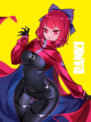 Rule 34 | 1girl, :/, absurdres, adapted costume, akatsuki records, black bodysuit, bodysuit, bow, breasts, cape, covered navel, gloves, hair bow, hand up, highres, large breasts, latex, latex bodysuit, latex gloves, latex suit, looking at viewer, raptor7, red cape, red eyes, red hair, revision, rock &#039;n&#039; rock &#039;n&#039; beat, sekibanki, short hair, simple background, skin tight, sleeves past wrists, solo, swept bangs, thigh gap, touhou, tsurime, wide hips, yellow background