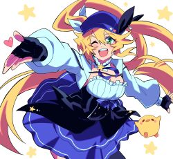 Rule 34 | 1girl, bird, black gloves, black ribbon, blonde hair, blue dress, blue hat, breasts, cabbie hat, chick, cleavage, commentary, cropped jacket, detached collar, dokibird (vtuber), dress, fingerless gloves, floating hair, gloves, green eyes, gurepyon, hair between eyes, hair ribbon, hat, heart, highres, indie virtual youtuber, jacket, long hair, long sleeves, looking at viewer, medium breasts, neck ribbon, one eye closed, open hands, open mouth, outstretched arms, puffy long sleeves, puffy sleeves, reaching, reaching towards viewer, ribbon, smile, solo, spread arms, star (symbol), symbol-only commentary, teeth, tongue, twintails, underbust, upper teeth only, very long hair, virtual youtuber, white jacket, white ribbon