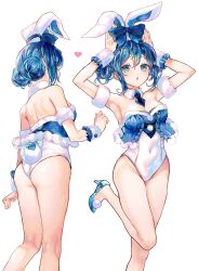 Rule 34 | 1girl, :o, absurdres, alternate costume, alternate hairstyle, animal ears, aqua eyes, arm up, bare shoulders, bicute bunnies miku, blue bow, blue footwear, blue hair, blue leotard, blue necktie, bow, breasts, cleavage, commentary request, covered navel, detached collar, double bun, ear bow, foot out of frame, foot up, from behind, fur-trimmed leotard, fur collar, fur cuffs, fur trim, hair bun, hatsune miku, heart, high heels, highres, leotard, looking at viewer, medium breasts, multiple views, necktie, open mouth, playboy bunny, rabbit ears, rabbit tail, simple background, skksr, strapless, strapless leotard, tail, tied ears, two-tone leotard, vocaloid, white background, white leotard