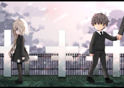 Rule 34 | 1boy, 1girl, :o, aged down, animal, bird, black dress, black footwear, black hair, black neckwear, black pants, black pantyhose, black sweater, blonde hair, blue eyes, blush, child, cloud, cloudy sky, collared shirt, commentary request, cross, dress, fence, flower, hair between eyes, holding, holding flower, holding hands, kai-kun, letterboxed, loafers, long hair, long sleeves, looking away, necktie, original, out of frame, outdoors, pants, pantyhose, parted lips, profile, shirt, shoes, sky, sleeves past wrists, socks, sweater, tia-chan, uchuuneko, very long hair, white flower, white shirt, yellow eyes