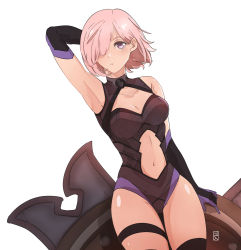Rule 34 | 1girl, armor, armpits, bare shoulders, breasts, elbow gloves, fate/grand order, fate (series), fiantokargono, gloves, hair over one eye, highres, large breasts, looking at viewer, mash kyrielight, navel, pink hair, presenting armpit, purple eyes, shield, short hair, simple background, solo