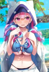 Rule 34 | 1girl, bad id, bad pixiv id, beach, bikini, blue bikini, blue bow, blue hair, blurry, blurry background, blush, bow, braid, breasts, cleavage, clothes pull, highres, hololive, hood, hoodie, large breasts, looking away, minato aqua, minato aqua (sailor), multicolored hair, navel, nidaime (doronbo), open mouth, pink eyes, pink hair, raised eyebrows, shy, skirt, skirt pull, solo, stomach, swimsuit, twin braids, two-tone hair, upper body, virtual youtuber, water, wet, white hoodie