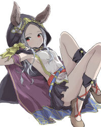 Rule 34 | 10s, 1girl, absurdres, animal ears, black skirt, breasts, rabbit ears, cape, cloak, ears through headwear, gloves, granblue fantasy, hand in own hair, highres, hood, hooded cloak, long hair, looking at viewer, miniskirt, red eyes, scathacha (granblue fantasy), sideboob, silver hair, simple background, skirt, sleeveless, small breasts, solo, white background, yamamoto souichirou, yellow gloves