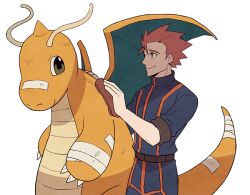 Rule 34 | 1boy, bandages, belt, closed mouth, creatures (company), dragonite, from side, game freak, gen 1 pokemon, holding, jacket, jaho, lance (pokemon), male focus, nintendo, pants, pokemon, pokemon (creature), pokemon hgss, red hair, short hair, sleeves rolled up, smile, spiked hair, transparent background