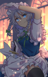 Rule 34 | 1girl, apron, black thighhighs, blue dress, blue eyes, braid, collared shirt, commentary request, dress, eyelashes, feet out of frame, frilled apron, frills, gloves, green ribbon, hair ribbon, hand up, highres, holding, holding knife, indoors, izayoi sakuya, knife, looking at viewer, maid, maid apron, maid headdress, nayozane (worker7), neck ribbon, puffy short sleeves, puffy sleeves, ribbon, shirt, short hair, short sleeves, sidelocks, silver hair, smile, solo, thighhighs, touhou, tress ribbon, twin braids, waist apron, white apron, white gloves, white shirt, window, wing collar