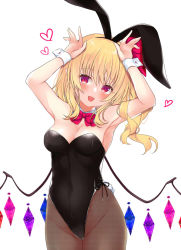 Rule 34 | 1girl, :d, alternate costume, animal ears, armpits, arms up, bare shoulders, black leotard, blonde hair, blush, bow, bowtie, breasts, cleavage, commentary request, cowboy shot, crystal, detached collar, fake animal ears, fake tail, fang, flandre scarlet, groin, hair between eyes, hair bow, heart, leotard, long hair, looking at viewer, medium breasts, one side up, open mouth, pantyhose, playboy bunny, rabbit ears, rabbit pose, rabbit tail, red bow, red bowtie, red eyes, simple background, skin fang, smile, solo, strapless, strapless leotard, tail, tosakaoil, touhou, white background, wings, wrist cuffs, ||/