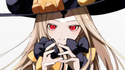 Rule 34 | 1girl, abigail williams (fate), abigail williams (second ascension) (fate), blonde hair, bow, fate/grand order, fate (series), hat, highres, keyhole, long hair, polka dot, polka dot bow, red eyes, smile, sumi (gfgf 045), twitter username, white background, witch hat