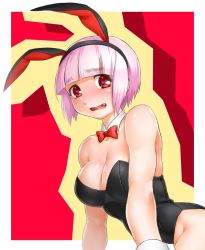 Rule 34 | 1girl, animal ears, arm support, bare shoulders, blunt bangs, blush, bob cut, bow, bowtie, breasts, cleavage, detached collar, fake animal ears, fang, female focus, large breasts, leotard, looking at viewer, nervous, onsoku inu, open mouth, original, pink hair, playboy bunny, rabbit ears, red eyes, short hair, shy, solo, wrist cuffs