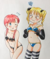 Rule 34 | 2girls, :3, animal hair ornament, armor, bat hair ornament, bikini, bikini armor, black bra, black gloves, black legwear, black panties, blonde hair, blue armor, blue bikini, blue eyes, blush, bra, braid, breasts, collarbone, cosplay, costume switch, covering crotch, covering privates, fang, flying sweatdrops, gloves, grey background, hair ornament, le beva (marup), long hair, looking down, looking to the side, marup, multiple girls, navel, one eye closed, open mouth, oversized clothes, panties, red hair, small breasts, standing, striped legwear, swimsuit, thighhighs, twin braids, twintails, undersized clothes, underwear, white legwear, yellow eyes
