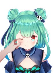 Rule 34 | 1girl, absurdres, blue bow, blue dress, blue flower, blue sleeves, blush, bow, cheek pinching, closed mouth, commentary request, detached sleeves, double bun, dress, earrings, flat chest, flower, green hair, hair bow, hair bun, hair flower, hair ornament, highres, hololive, jewelry, looking at viewer, marumaruru, one eye closed, out of frame, pinching, pov, puffy sleeves, red eyes, simple background, skull earrings, skull hair ornament, sleeveless, sleeveless dress, solo focus, upper body, uruha rushia, uruha rushia (1st costume), virtual youtuber, white background