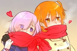 Rule 34 | 2girls, alternate costume, artist request, blush, covered mouth, fate/grand order, fate (series), fujimaru ritsuka (female), mash kyrielight, multiple girls, orange eyes, orange hair, purple eyes, purple hair, scarf, shared clothes, shared scarf, short hair, short ponytail, side ponytail, yuri