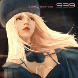 Rule 34 | 1girl, blonde hair, bluredge, cloak, commentary, cropped, derivative work, dress, english commentary, english text, ginga tetsudou 999, green eyes, hat, highres, lips, long hair, maetel, open mouth, realistic, science fiction, space train, spacecraft, surprised, three-nine (space train), title, upper body