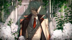 Rule 34 | 1boy, ameno (ameno f), animal ears, backless outfit, blue eyes, blurry, blurry background, brown coat, closed mouth, coat, coat on shoulders, collared shirt, door, erune, eyepatch, flower, granblue fantasy, grey hair, grey jacket, hair between eyes, hydrangea, jacket, light smile, long sleeves, looking at viewer, male focus, necktie, nehan (granblue fantasy), plant, rain, red necktie, scar, scar on back, shirt, short hair, solo, straight-on, sunlight, tie clip, toned, toned male, upper body, vines, white flower, white shirt, wolf boy, wolf ears