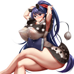 Rule 34 | 1girl, alternate breast size, alternate hairstyle, animal ears, armpits, arms up, bad anatomy, bad arm, black capelet, blush, book, breasts, capelet, crossed legs, doremy sweet, dress, feet out of frame, highres, huge breasts, kawahagi-tei, lactation, long hair, looking at viewer, no headwear, open mouth, pom pom (clothes), ponytail, purple eyes, purple hair, see-through, simple background, solo, tail, tapir ears, tapir tail, thighs, touhou, very long hair, white background, white dress