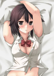 Rule 34 | 10s, 1girl, bad id, bad pixiv id, black eyes, black hair, bow, breasts, cleavage, covered erect nipples, hayasui (kancolle), highres, kantai collection, lying, navel, nijimotohiro k, no bra, on back, open clothes, open shirt, pillow, ribbon, shirt, solo, upper body