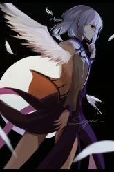 Rule 34 | 1047656128, 1girl, absurdres, arrow (symbol), back, bad id, bad pixiv id, black background, braid, brown jacket, character name, closed mouth, collared dress, dress, eyes visible through hair, feathers, french braid, from side, full moon, grey hair, hair between eyes, hand up, highres, jacket, kishin sagume, long sleeves, looking at viewer, moon, open clothes, open jacket, pointing, purple dress, red eyes, short hair, single wing, solo, standing, touhou, wings