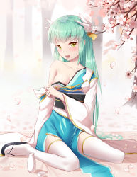 Rule 34 | 1girl, absurdres, aqua hair, blue kimono, blush, bottle, branch, breasts, cherry blossoms, collarbone, commentary request, fate/grand order, fate (series), fog, full body, hair ornament, highres, horns, japanese clothes, ji dao ji, kimono, kimono pull, kiyohime (fate), long hair, long sleeves, looking at viewer, medium breasts, obi, off shoulder, open mouth, petals, sake bottle, sandals, sash, shadow, sitting, smile, solo, thighhighs, tree, very long hair, wariza, white thighhighs, wide sleeves, yellow eyes