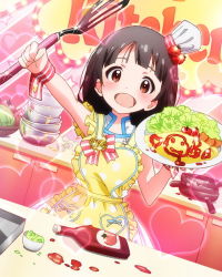 Rule 34 | 10s, 1girl, :d, apron, artist request, black hair, brown eyes, chef hat, female focus, food, frying pan, hat, heart, idolmaster, idolmaster million live!, ketchup, kitchen, mini hat, mixing bowl, nakatani iku, official art, omelet, omurice, open mouth, smile, solo, spatula, toque blanche