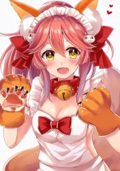 Rule 34 | 10s, 1girl, :d, animal ears, animal hands, apron, bell, blush, breasts, cat hair ornament, cleavage, collar, fang, fate/extra, fate/grand order, fate (series), fox ears, fox tail, gloves, hair ornament, heart, maid headdress, naked apron, open mouth, paw gloves, pink hair, sakura hiyori, smile, solo, tail, tamamo (fate), tamamo cat (fate), tamamo cat (third ascension) (fate), tamamo no mae (fate/extra), yellow eyes