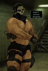 Rule 34 | 1boy, absurdres, arm hair, bara, black gloves, black shorts, call of duty, call of duty: modern warfare 2, chest hair, english text, ghost (modern warfare 2), gloves, gun, hairy, highres, holding, holding gun, holding weapon, holster, large pectorals, male focus, mask, muscular, muscular male, nipples, pectorals, short shorts, shorts, skull mask, solo, thick thighs, thigh holster, thighs, topless male, toxicroxic, weapon
