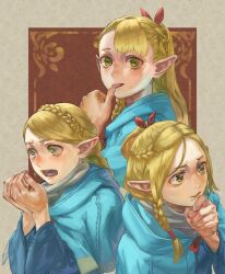 Rule 34 | 1girl, absurdres, blonde hair, blue capelet, blue robe, braid, capelet, choker, dungeon meshi, elf, green eyes, hand on own chin, highres, hood, hooded capelet, marcille donato, multiple braids, multiple views, pointy ears, red choker, robe, tongue, tongue out, yomoyama yotabanashi