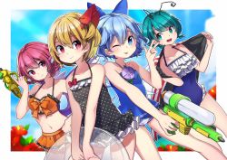 Rule 34 | + +, 4girls, :d, ;p, absurdres, aqua hair, bare arms, bare shoulders, bikini, black one-piece swimsuit, blonde hair, blue bow, blue eyes, blue hair, blue sky, blush, border, bow, breasts, cirno, cleavage, cloud, collarbone, commentary request, cowboy shot, day, fingernails, flat chest, flower, frilled bikini, frilled swimsuit, frills, green eyes, gun, hair between eyes, hair bow, hair ribbon, halterneck, hand on own hip, hand up, hands up, head wings, highres, holding, holding gun, holding weapon, ice, ice wings, innertube, leaf, looking at another, miniskirt, multiple girls, mystia lorelei, nail polish, namauni, navel, no headwear, one-piece swimsuit, one eye closed, open mouth, orange bikini, orange bow, orange skirt, outdoors, outside border, pink eyes, pink hair, plaid, plaid bikini, pleated skirt, polka dot, polka dot swimsuit, purple nails, red bow, red flower, red ribbon, ribbon, rumia, sharp fingernails, short hair, skirt, sky, small breasts, smile, standing, stomach, striped towel, swim ring, swimsuit, team 9 (touhou), thighs, tongue, tongue out, touhou, towel, unmoving pattern, w, water gun, weapon, white border, wings, wriggle nightbug