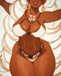 Rule 34 | 1girl, absurdly long hair, arms (game), arms up, bikini, breasts, cleavage, commentary, curvy, dark-skinned female, dark skin, domino mask, drill hair, earrings, english commentary, highres, jewelry, large breasts, lips, long hair, mask, narrow waist, navel, necklace, nintendo, o-ring, o-ring bikini, parted lips, pendant, robaato, sketch, solo, thick thighs, thighs, twin drills, twintelle (arms), unfinished, very long hair, wide hips