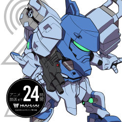 Rule 34 | chibi, copyright name, countdown, gun, holding, holding gun, holding weapon, logo, looking down, makishima azusa, mecha, muv-luv, muv-luv alternative, muv-luv alternative (anime), no humans, official art, open hand, promotional art, robot, science fiction, solo, tactical surface fighter, type 97 fubuki, visor, weapon