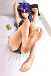 1girl absurdres armpits arms_behind_head barefoot beer_can bikini blue_hair blush breasts brown_eyes can dark_blue_hair drink_can feet highres katsuragi_misato large_breasts long_hair looking_at_viewer lying neon_genesis_evangelion on_back parted_lips smile soles steam sweat swimsuit toes za.yu