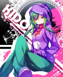Rule 34 | 1girl, 47agdragon, character name, green hair, hands in pocket, hands in pockets, hood, hoodie, kagerou project, kido tsubomi, crossed legs, long hair, looking at viewer, red eyes, sitting, solo