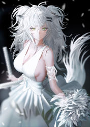 Rule 34 | 1girl, absurdres, animal ears, arknights, arm ribbon, black background, blurry, breasts, cleavage, depth of field, dress, feathers, frilled dress, frills, ganet p, green eyes, hair ornament, hairclip, highres, lappland (arknights), large breasts, long hair, looking at viewer, ribbon, scar, scar across eye, sideboob, solo, sword, tail, twintails, weapon, white dress, white hair, white ribbon, wolf ears, wolf girl, wolf tail