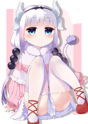 Rule 34 | 1girl, absurdres, beads, blue eyes, blush, capelet, convenient censoring, dragon girl, dragon horns, dress, hair beads, hair ornament, highres, horns, kanna kamui, knees up, kobayashi-san chi no maidragon, legs, long hair, low twintails, pink dress, red footwear, ribbon, shoes, short dress, silver hair, sitting, solo, tail, thighhighs, thighs, twintails, white capelet, white thighhighs, yomimafu