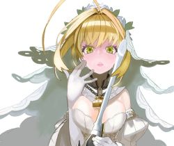 Rule 34 | 10s, 1girl, ahoge, bare shoulders, blonde hair, breasts, bridal veil, chain, cleavage, detached sleeves, fate/extra, fate/extra ccc, fate (series), gloves, green eyes, hair intakes, large breasts, lock, looking at viewer, nero claudius (bride) (fate), nero claudius (bride) (second ascension) (fate), nero claudius (fate), nero claudius (fate) (all), open mouth, simple background, solo, veil, white background, white gloves, yuuki (irodo rhythm)