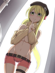 Rule 34 | 1girl, agito teruya, azur lane, bare shoulders, belt, beret, blonde hair, blush, breasts, commentary request, dutch angle, fiji (azur lane), fiji (trendy and vogue?) (azur lane), finger to mouth, green eyes, hat, long hair, medium breasts, midriff, navel, red shorts, short shorts, shorts, underboob