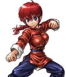 Rule 34 | 1girl, amania orz, blue eyes, braid, braided ponytail, breasts, chinese clothes, closed mouth, fighting stance, genderswap, genderswap (mtf), long hair, looking at viewer, ranma-chan, ranma 1/2, red hair, saotome ranma, simple background, single braid, solo, tangzhuang, white background