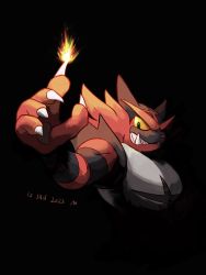 Rule 34 | black background, claws, colored sclera, commentary request, creatures (company), dated, fire, fire, game freak, gen 7 pokemon, green eyes, grin, highres, incineroar, looking at viewer, mokuzou (moku ssbu), nintendo, pokemon, pokemon (creature), sharp teeth, signature, smile, solo, teeth, upper body, yellow sclera