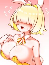 Rule 34 | 1girl, ahoge, animal ears, bare shoulders, blonde hair, blush, breasts, cleavage, collarbone, detached collar, elegg (nikke), fake animal ears, fake tail, goddess of victory: nikke, hair intakes, hair over eyes, higatsuryu, large breasts, leotard, long bangs, multicolored hair, open mouth, playboy bunny, rabbit ears, rabbit tail, ribbon, short hair, solo, strapless, strapless leotard, sweatdrop, tail, two-tone hair, yellow leotard, yellow ribbon