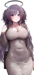 Rule 34 | 1girl, :/, absurdres, bag, blue archive, breasts, closed mouth, covered navel, dongtan dress, doyoon 7, dress, grey dress, handbag, highres, holding, holding bag, jacket, jewelry, large breasts, long hair, meme attire, necklace, purple eyes, purple hair, simple background, taut clothes, taut dress, two side up, very long hair, white background, yuuka (blue archive)